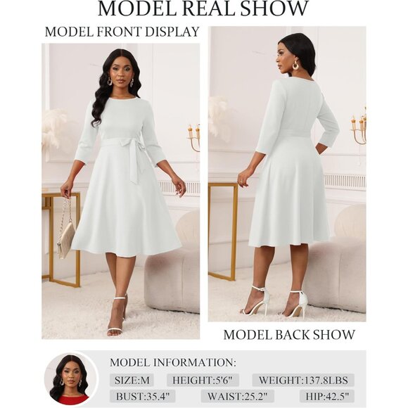 Women's White 3/4 Sleeve Vintage Flattering A-line Vintage Cocktail Dresses - Picture 3 of 5